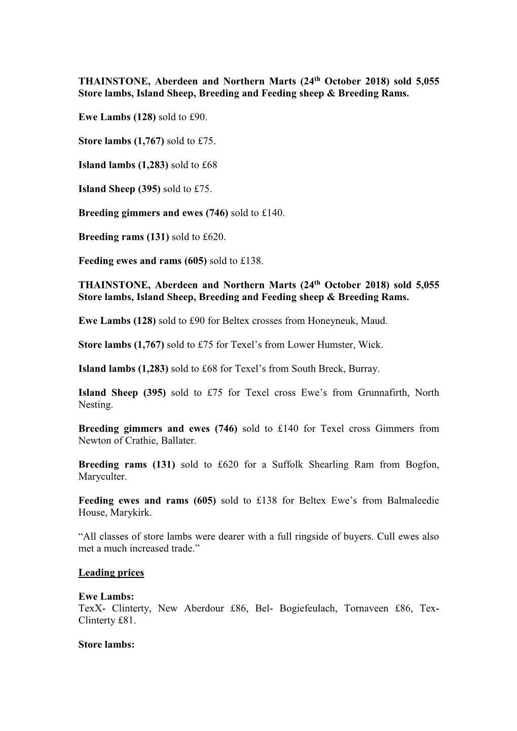 THAINSTONE, Aberdeen and Northern Marts (1St November) Sold