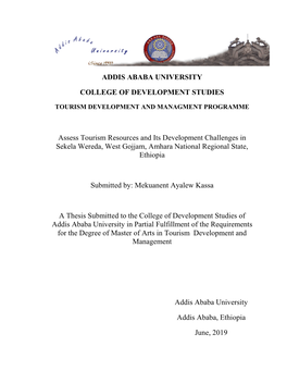 Addis Ababa University College of Development Studies Tourism Development and Managment Programme