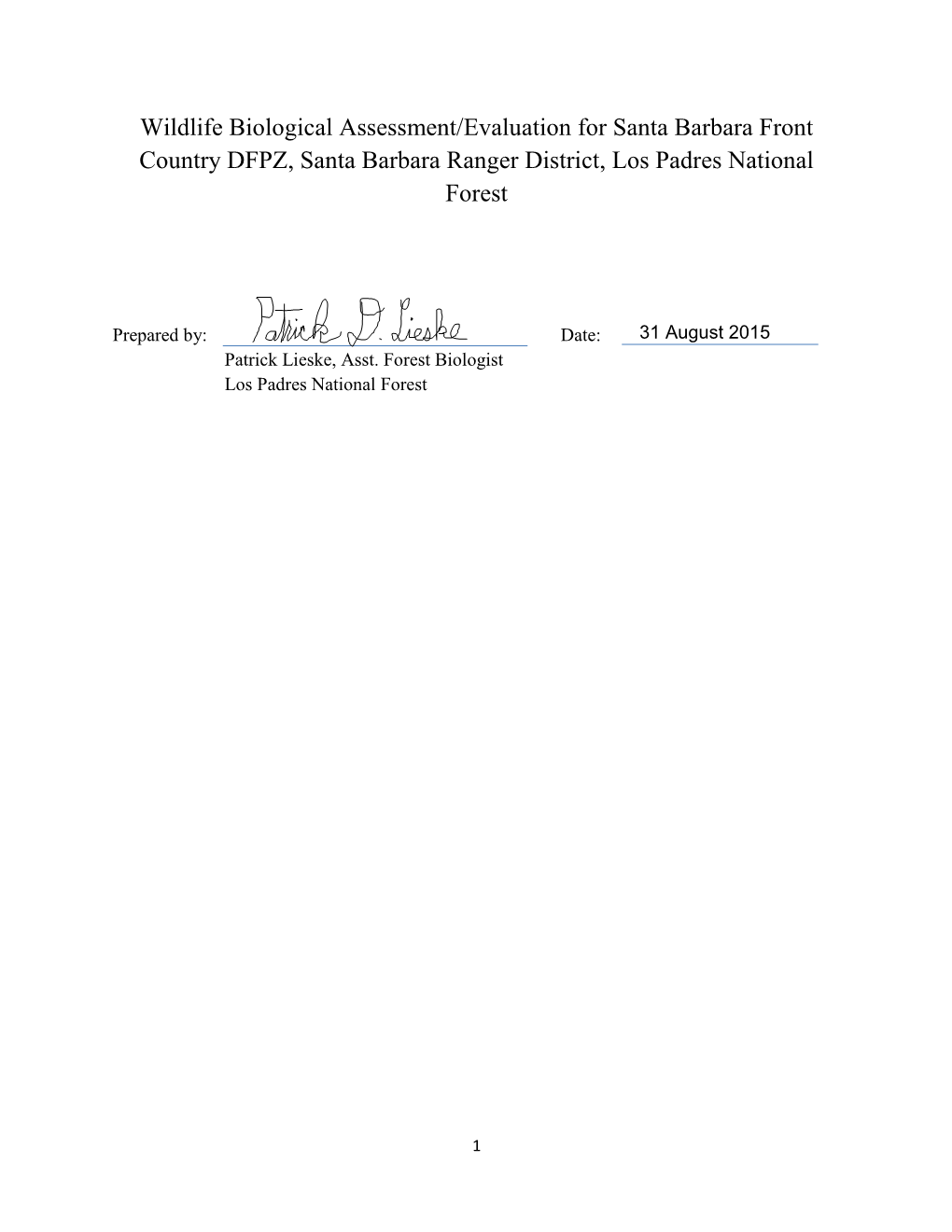 Wildlife Biological Assessment/Evaluation for Santa Barbara Front Country DFPZ, Santa Barbara Ranger District, Los Padres National Forest