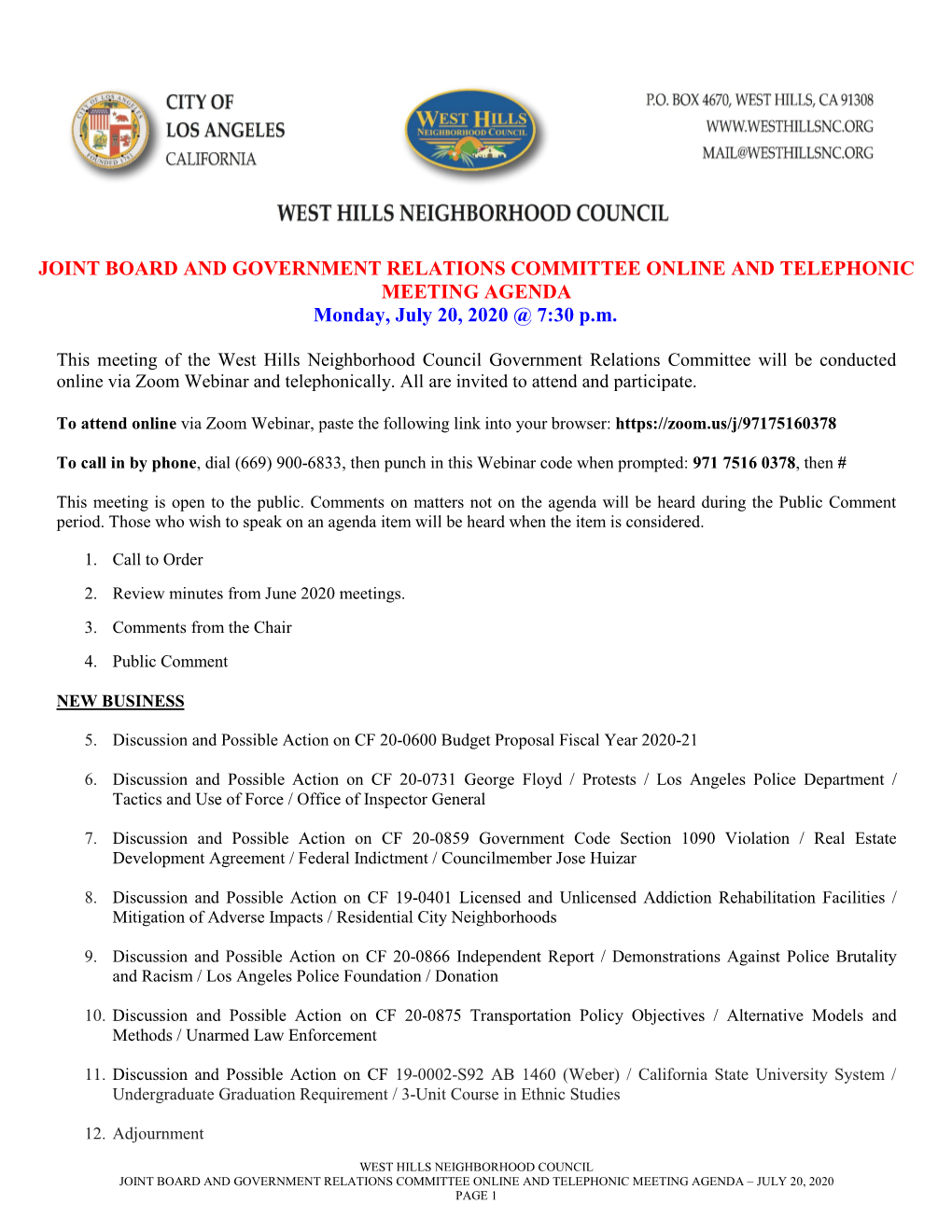 JOINT BOARD and GOVERNMENT RELATIONS COMMITTEE ONLINE and TELEPHONIC MEETING AGENDA Monday, July 20, 2020 @ 7:30 P.M