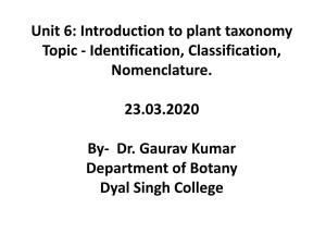 Unit 6: Introduction to Plant Taxonomy Topic - Identification, Classification, Nomenclature