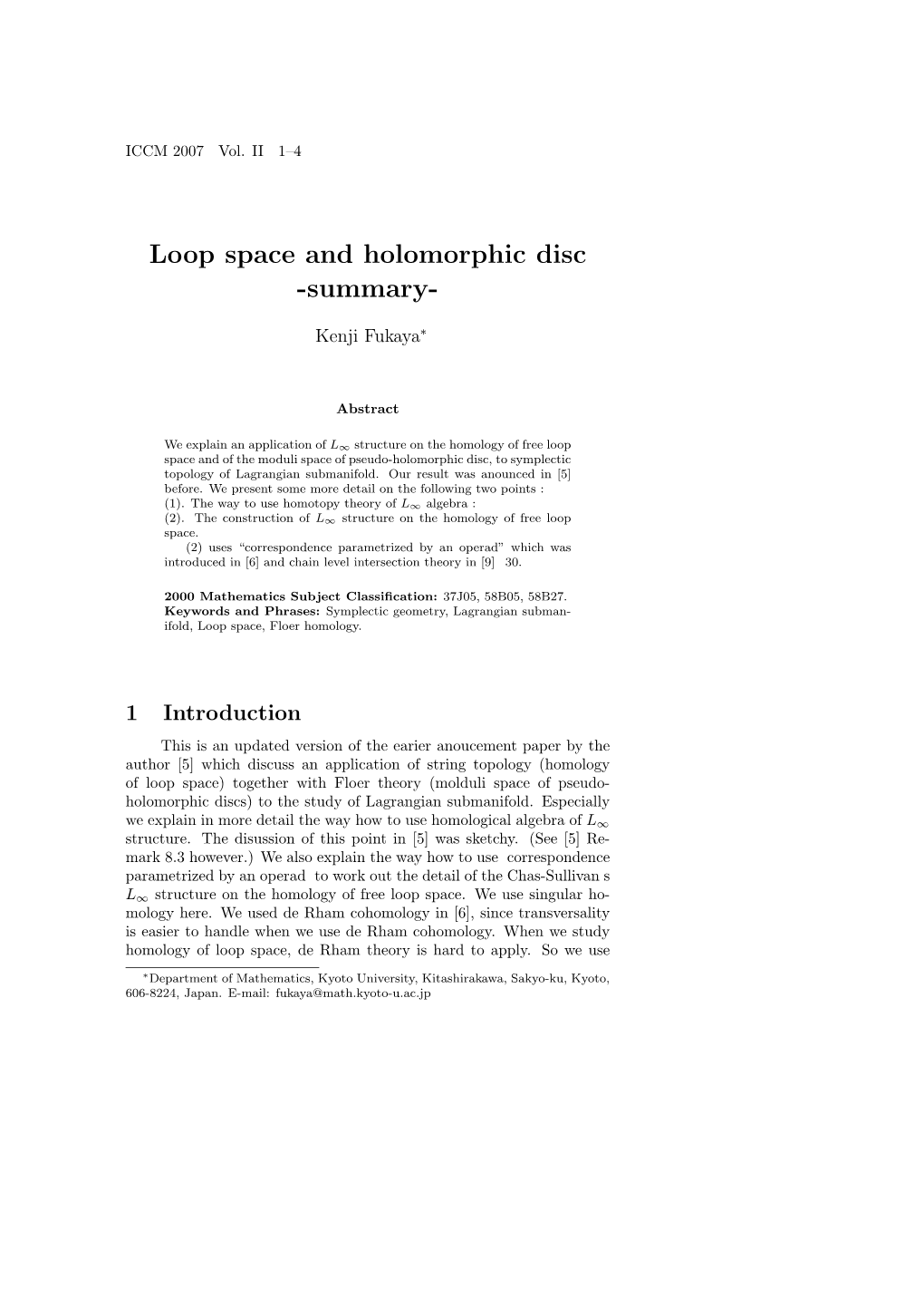 Loop Space and Holomorphic Disc -Summary