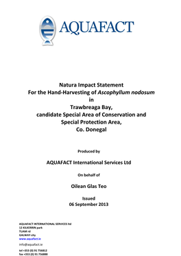 Natura Impact Statement for the Hand-Harvesting of Ascophyllum Nodosum in Trawbreaga Bay, Candidate Special Area of Conservation and Special Protection Area, Co