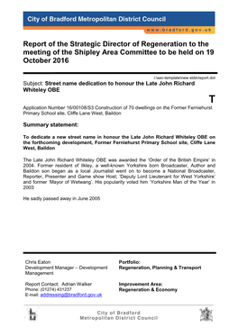 Report of the Strategic Director of Regeneration to the Meeting of the Shipley Area Committee to Be Held on 19 October 2016