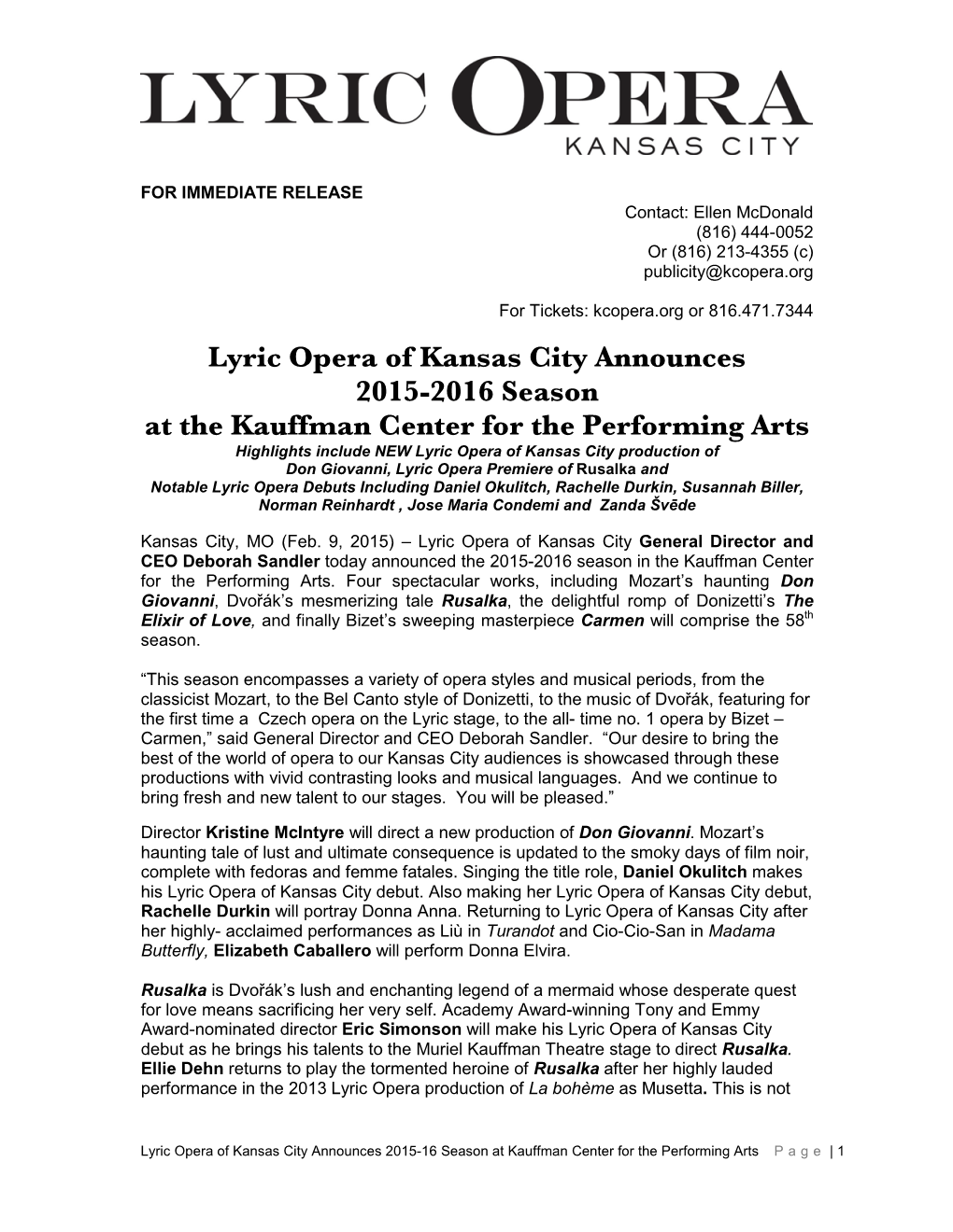 Lyric Opera of Kansas City Announces 2015-2016 Season at The