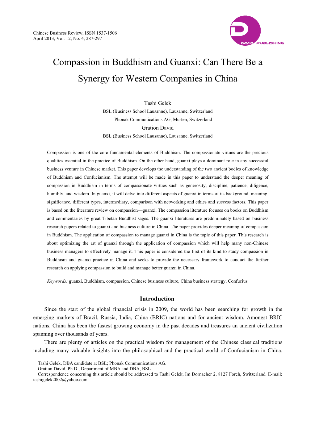 Compassion in Buddhism and Guanxi: Can There Be a Synergy for Western Companies in China