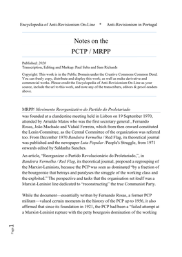 1 Notes on the PCTP / MRPP