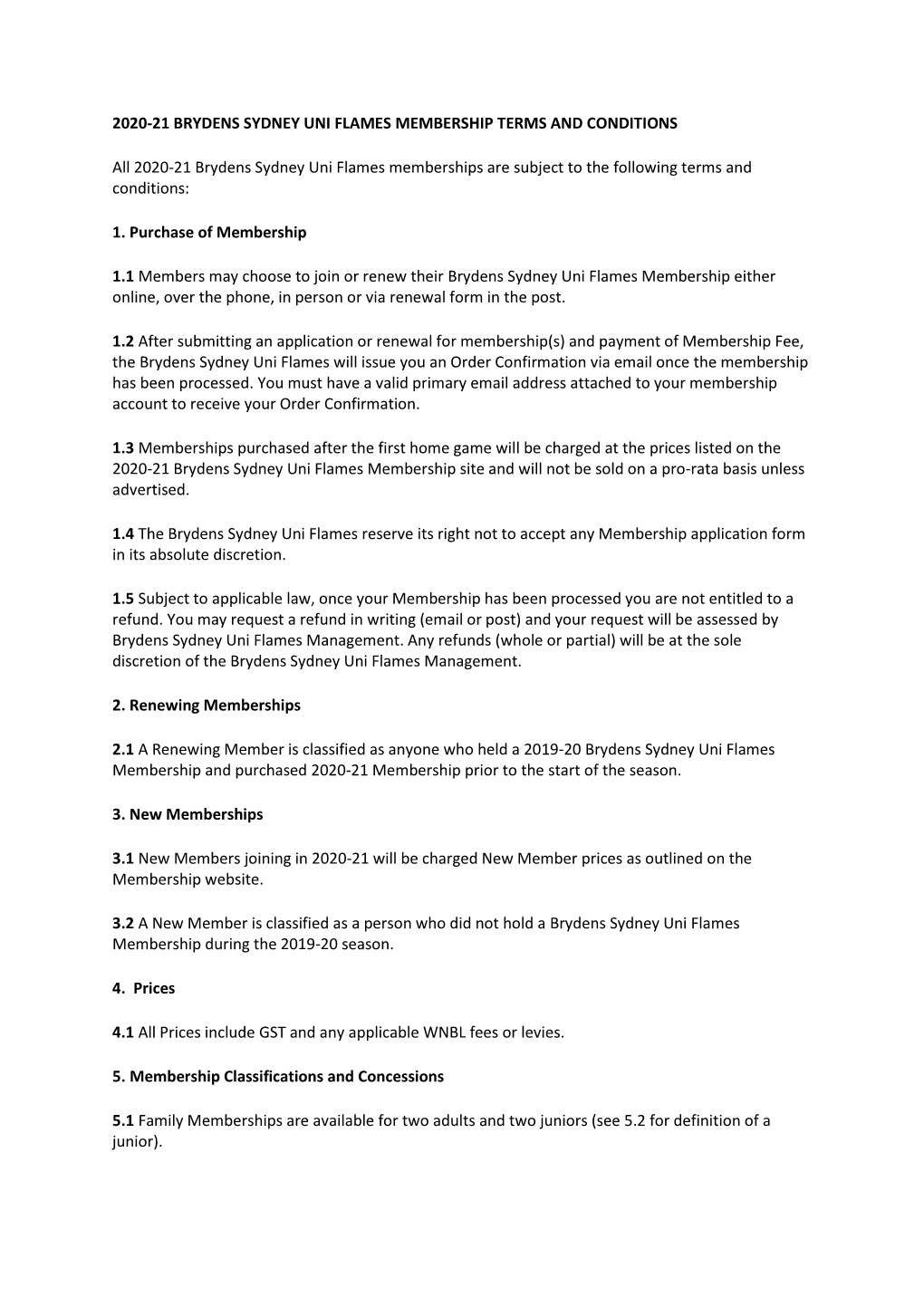 2020-21 Brydens Sydney Uni Flames Membership Terms and Conditions