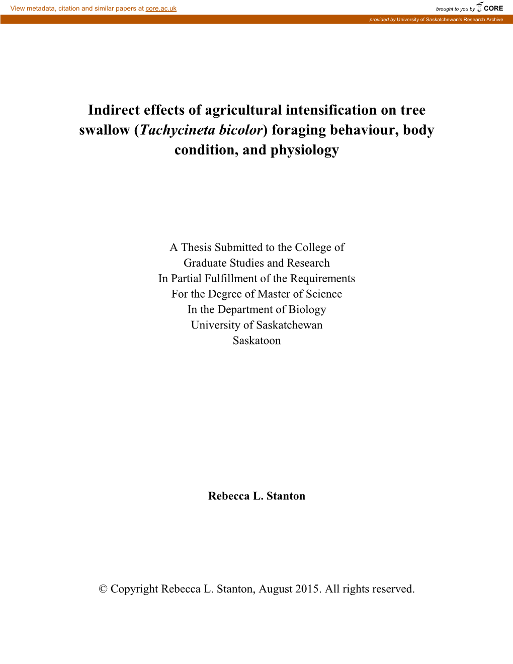 Indirect Effects of Agricultural Intensification on Tree Swallow (Tachycineta Bicolor) Foraging Behaviour, Body Condition, and Physiology