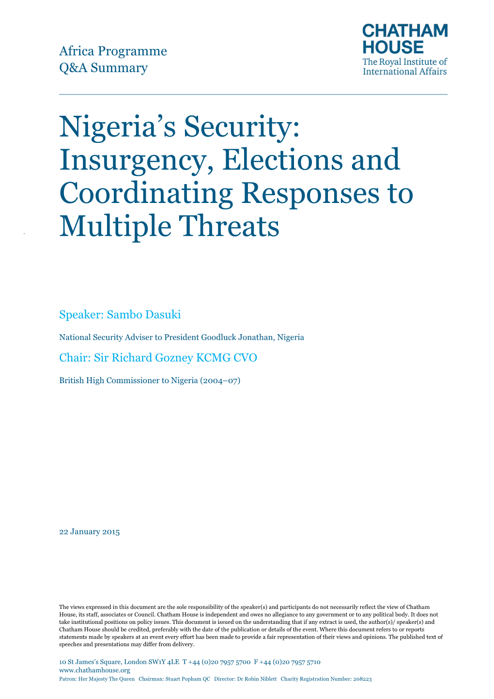 Nigeria's Security: Insurgency, Elections and Coordinating
