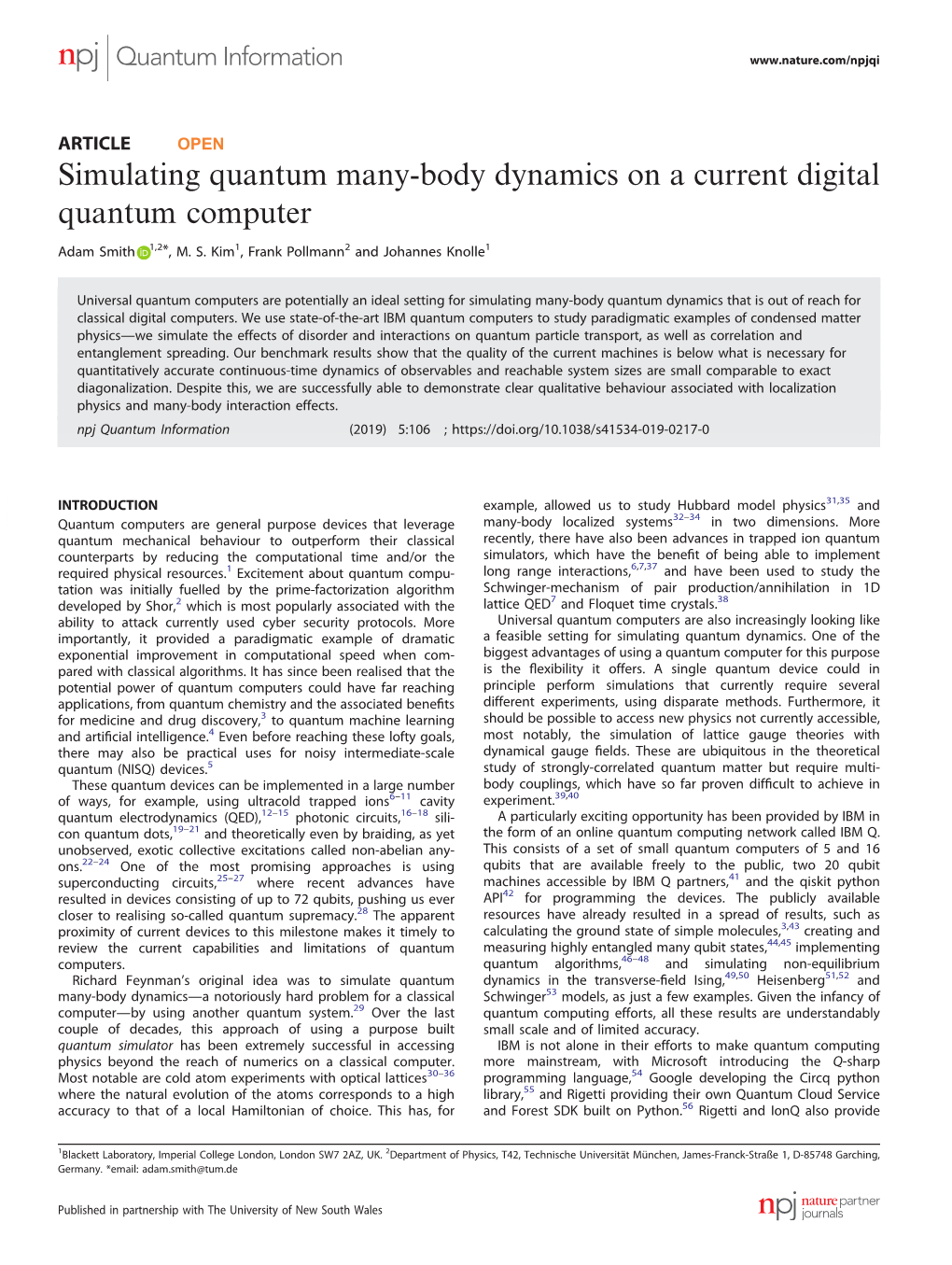 Simulating Quantum Many-Body Dynamics on a Current Digital Quantum Computer