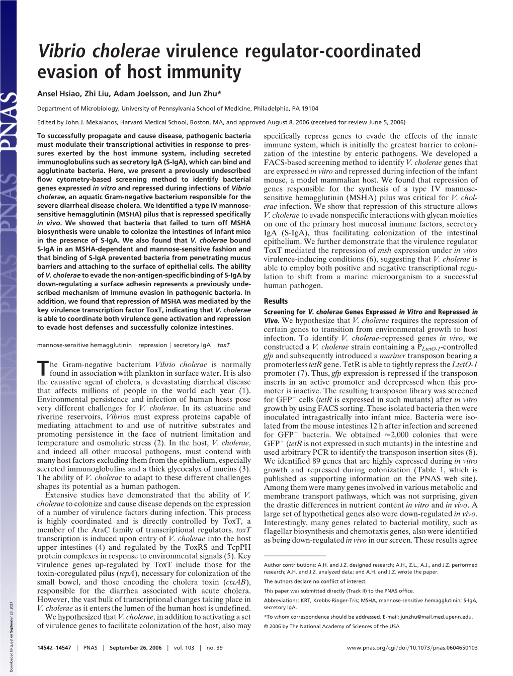 Vibrio Cholerae Virulence Regulator-Coordinated Evasion of Host Immunity