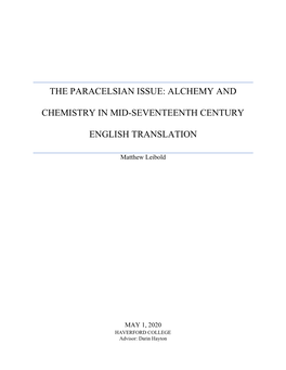 The Paracelsian Issue: Alchemy and Chemistry In
