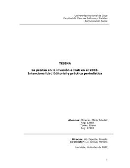 TESINA La Prensa En La Invasión a Irak En El 2003. Intencionalidad