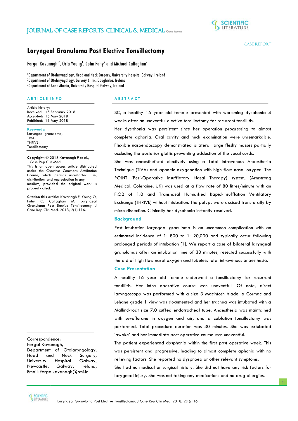 Laryngeal Granuloma Post Elective Tonsillectomy