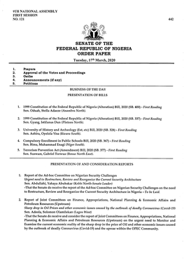 SENATE of the FEDERAL REPUBLIC of NIGERIA ORDER PAPER Tuesday, 17Th March, 2020