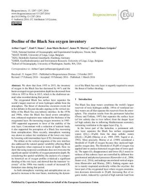 Decline of the Black Sea Oxygen Inventory