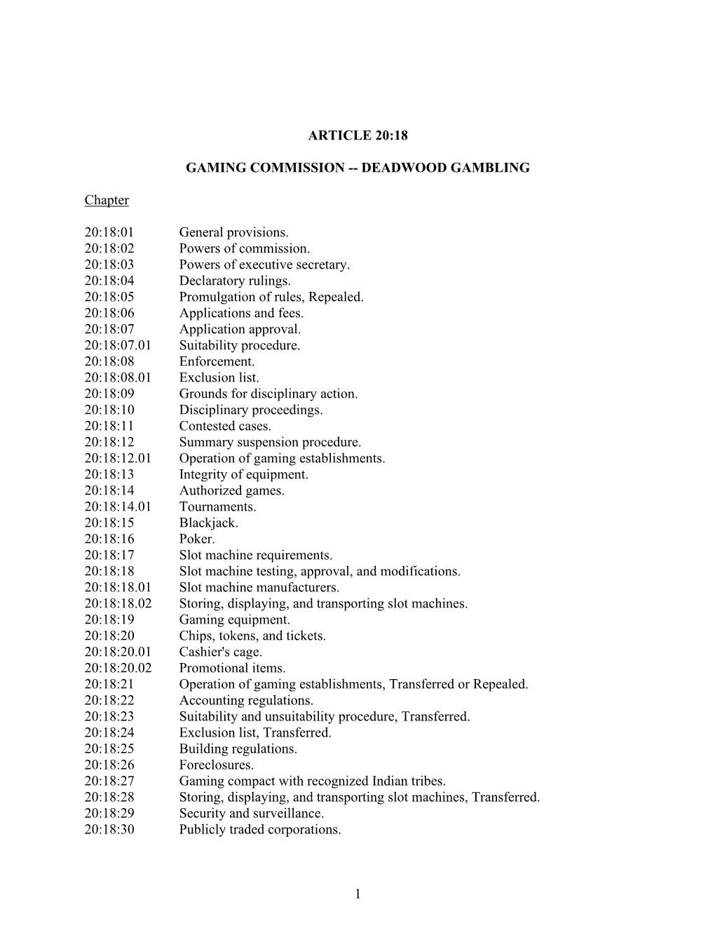 1 Article 20:18 Gaming Commission