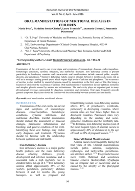 ORAL MANIFESTATIONS of NURITIONAL DISEASES in CHILDREN Maria Bolat1, Madalina Ionela Chiriac2, Laura Trandafir3*, Anamaria Ciubara3, Smaranda Diaconescu3