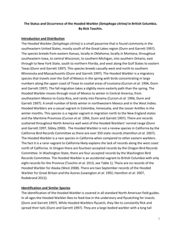 The Status and Occurrence of the Hooded Warbler (Setophaga Citrina) in British Columbia