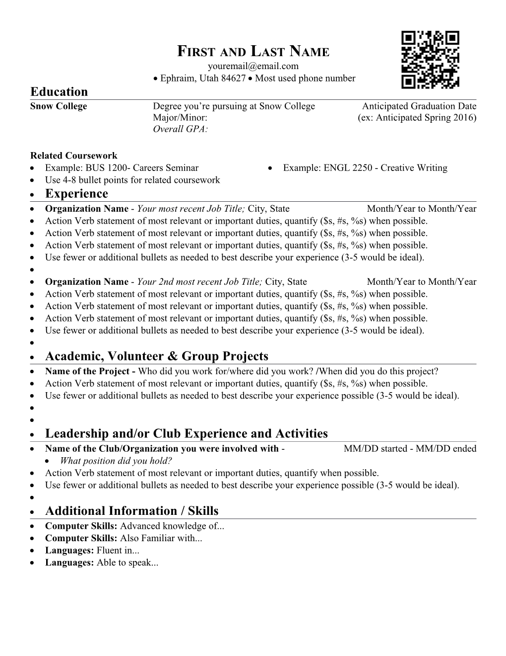 Resume Template Directions F12