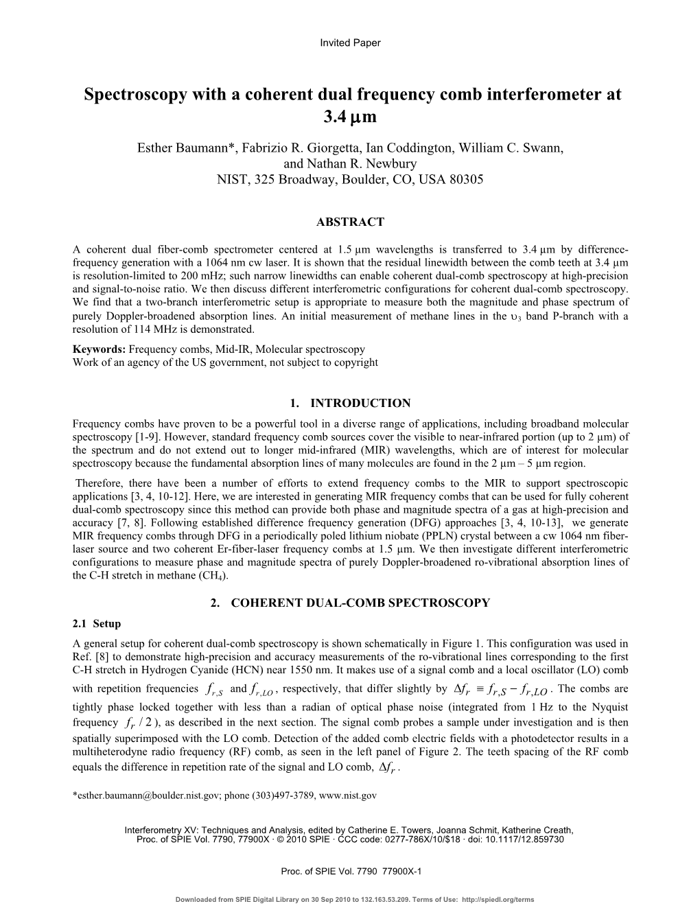 Spectroscopy with a Coherent Dual Frequency Comb Interferometer at 3.4 Μm