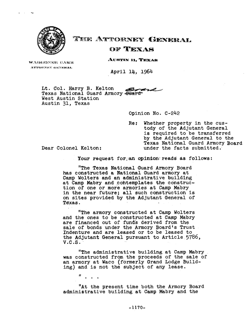 Lt. Col. Harry B. Kelton W Texas National Guard Armory-Sward- West Austin Station Austin 31, Texas Opinion No