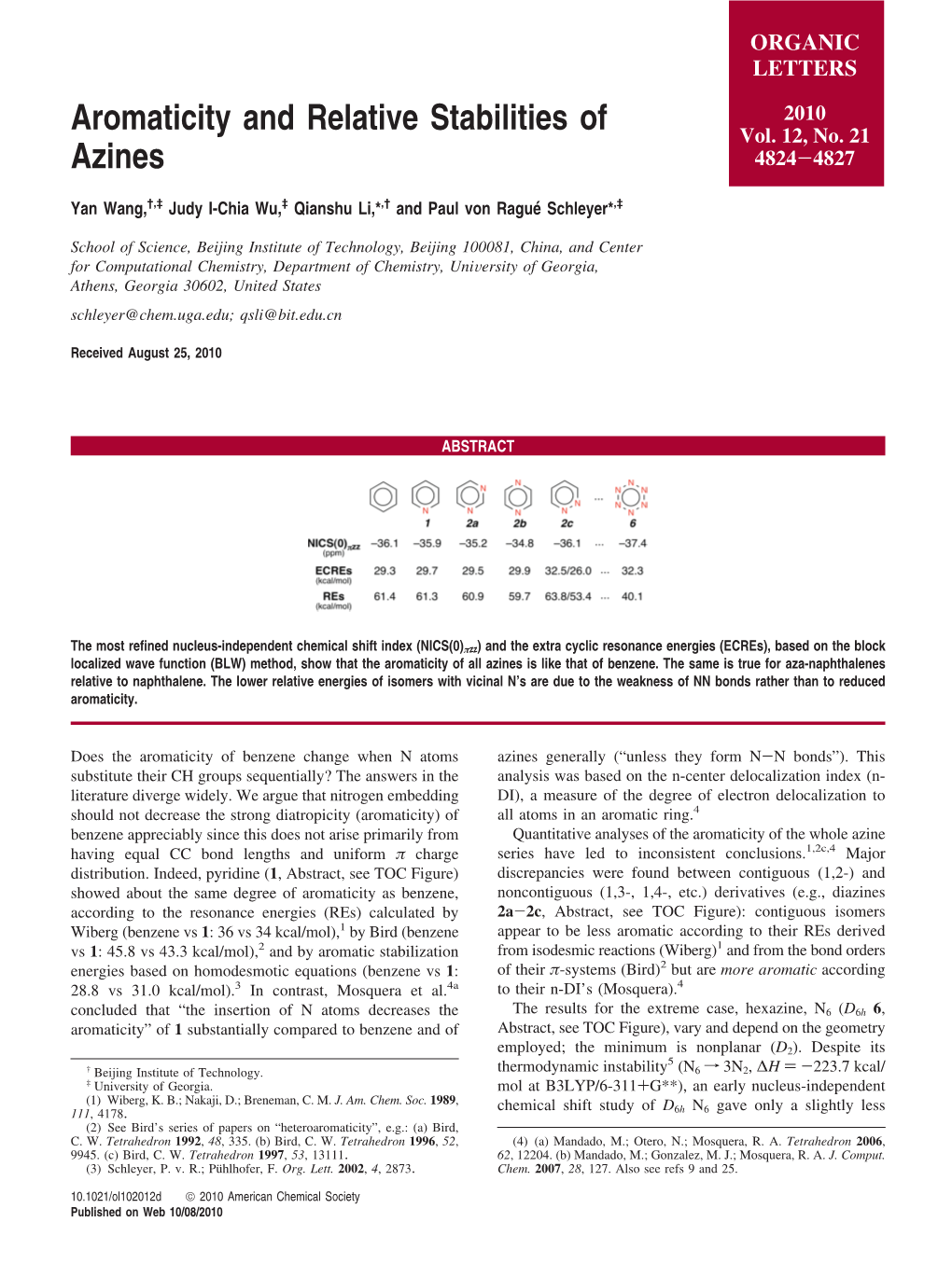 Aromaticity and Relative Stabilities of Azines