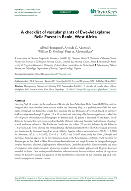 A Checklist of Vascular Plants of Ewe-Adakplame Relic Forest In