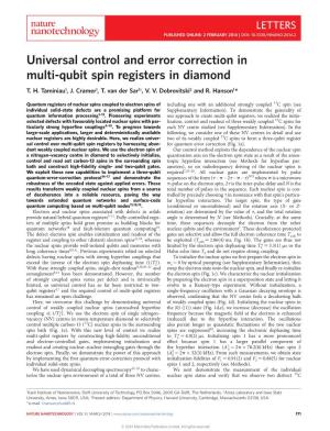 Universal Control and Error Correction in Multi-Qubit Spin Registers in Diamond T