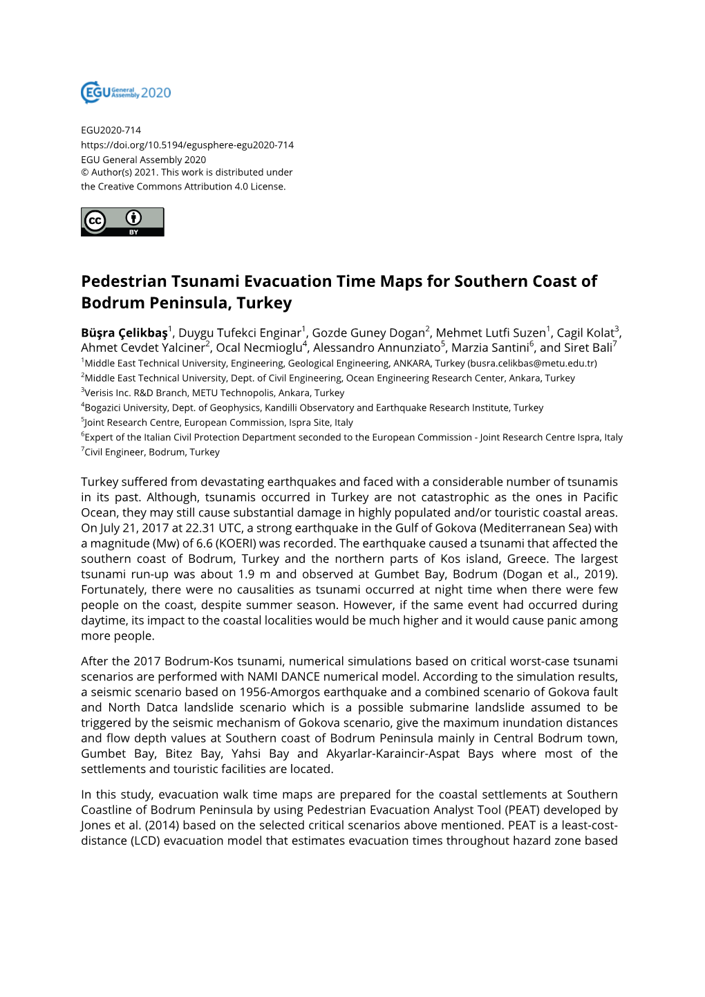 Pedestrian Tsunami Evacuation Time Maps for Southern Coast of Bodrum Peninsula, Turkey