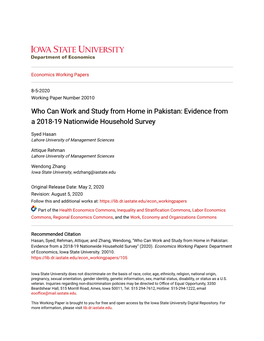 Who Can Work and Study from Home in Pakistan: Evidence from a 2018-19 Nationwide Household Survey