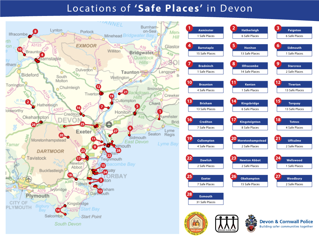 Locations of 'Safe Places' in Devon