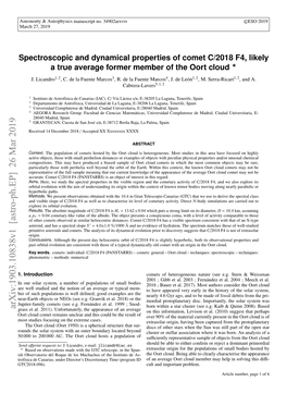 Spectroscopic and Dynamical Properties of Comet C/2018 F4, Likely a True Average Former Member of the Oort Cloud ? J