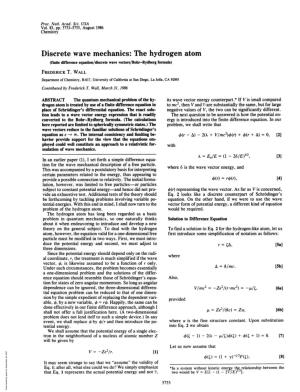 The Hydrogen Atom (Finite Difference Equation/Discrete Wave Vectors/Bohr-Rydberg Formula) FREDERICK T