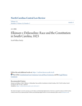 Elkinson V. Deliesseline: Race and the Constitution in South Carolina, 1823 Scott Alw Lace Stucky