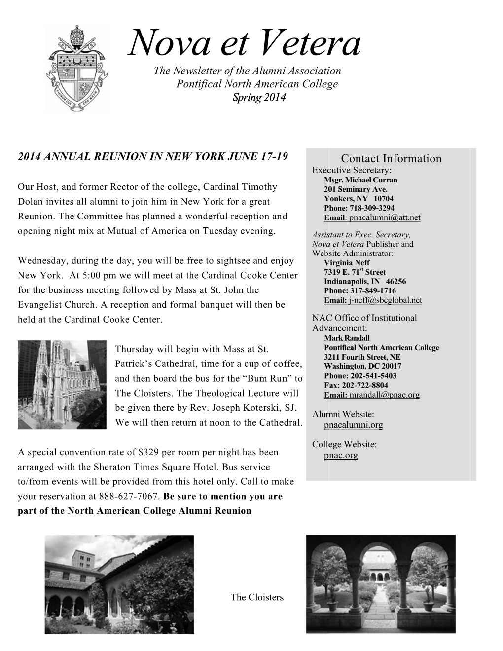 Nova Et Vetera the Newsletter of the Alumni Association Pontifical North Ameriican College Spring 2014