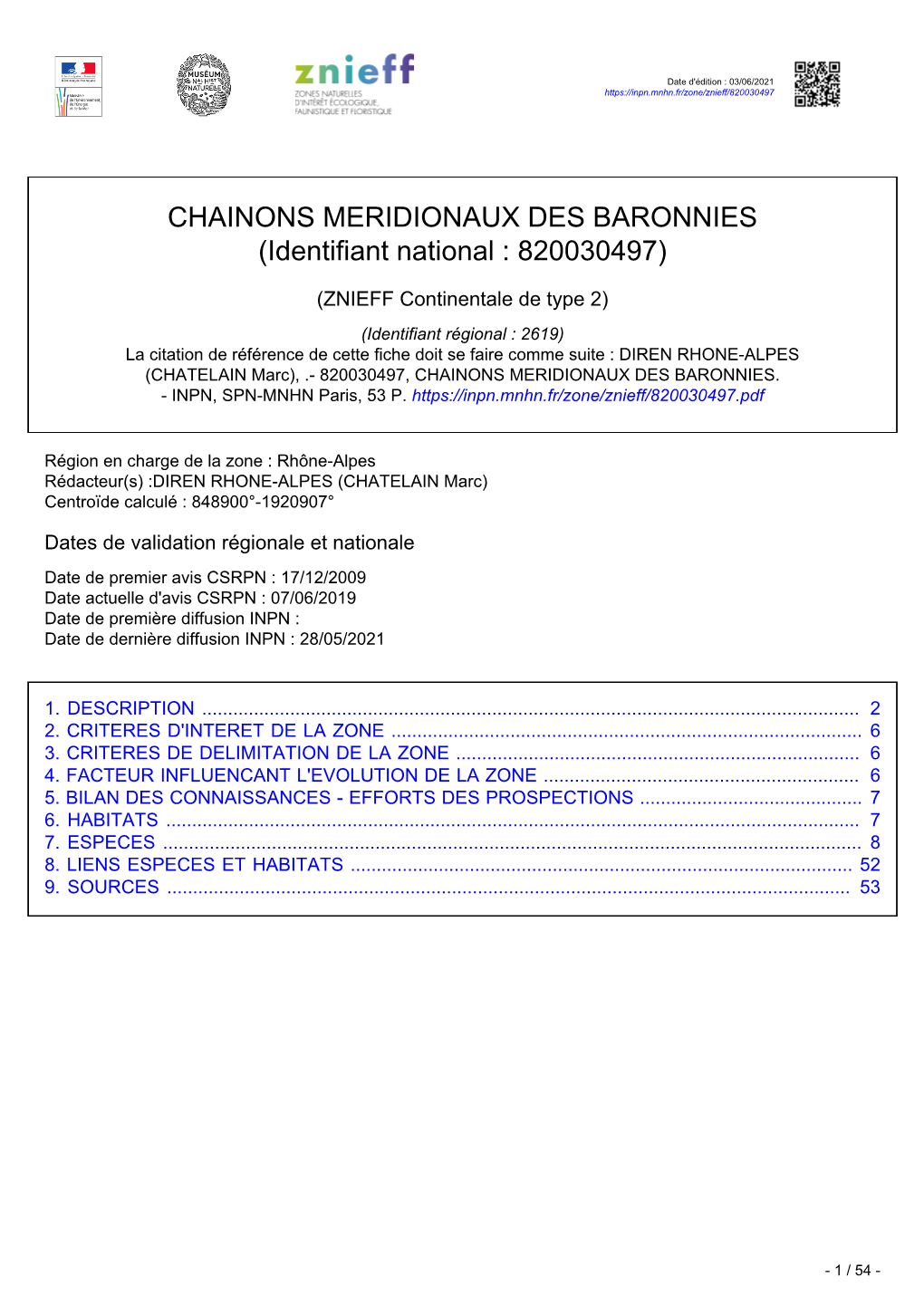 CHAINONS MERIDIONAUX DES BARONNIES (Identifiant National : 820030497)