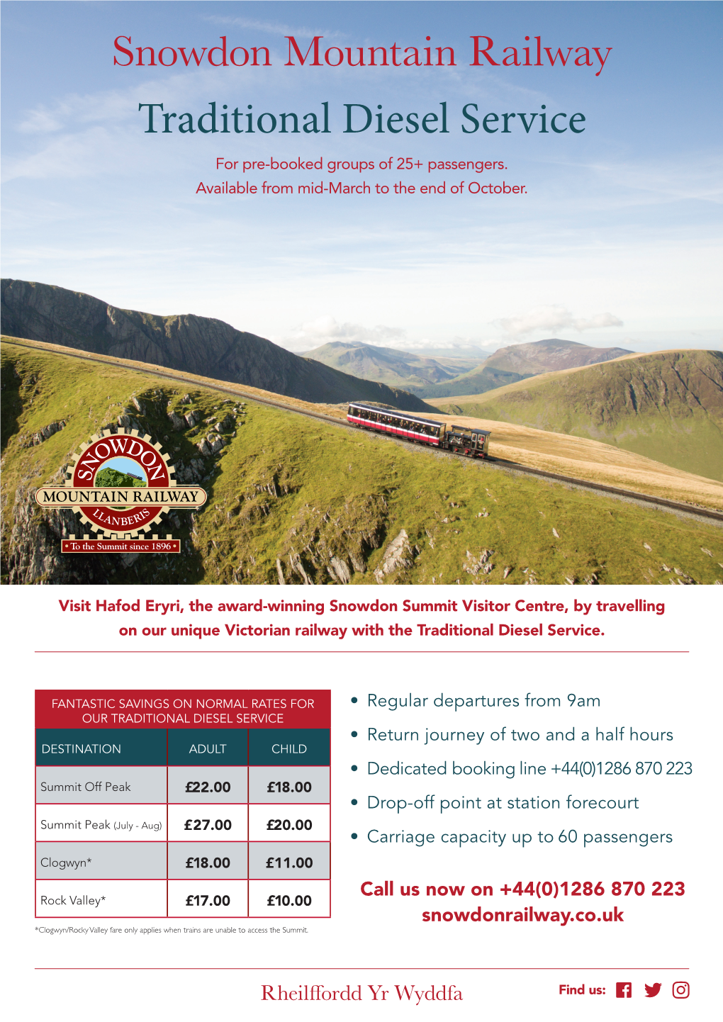 Snowdon Mountain Railway Traditional Diesel Service for Pre-Booked Groups of 25+ Passengers