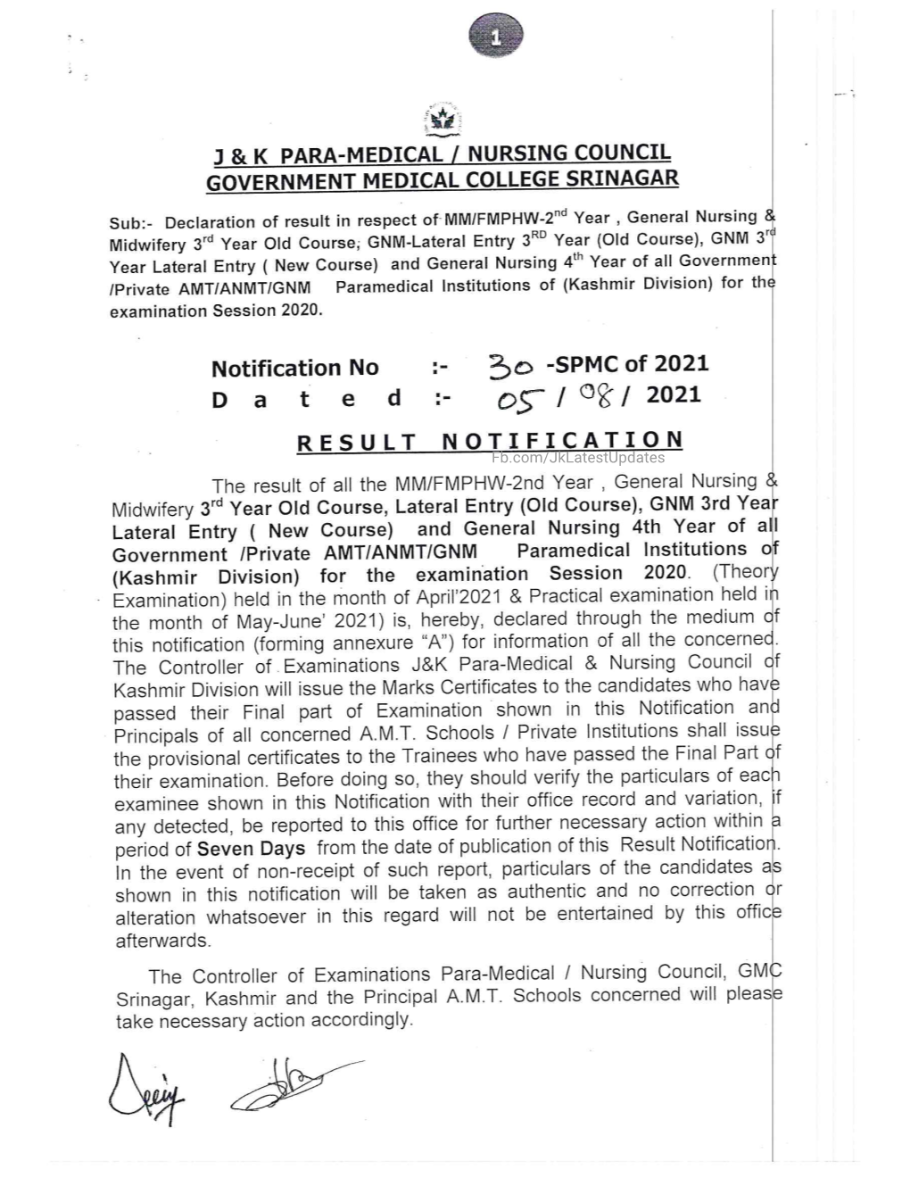 Fb.Com/Jklatestupdates Fb.Com/Jklatestupdates ANNEXURE to RESULT NOTIFICATION NO:- 1 - SPMC of 2021 EXAMINATION DATE :- -08- 2021 SESSION '2020 Max