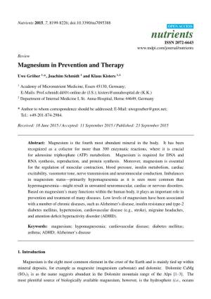Magnesium in Prevention and Therapy