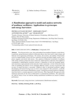A Hamiltonian Approach to Model and Analyse Networks of Nonlinear Oscillators: Applications to Gyroscopes and Energy Harvesters
