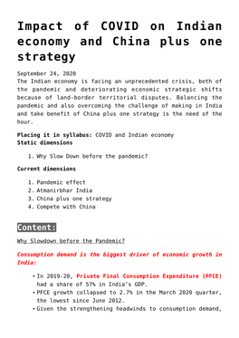 Impact of COVID on Indian Economy and China Plus One Strategy