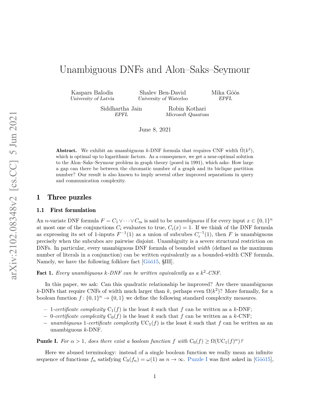 Unambiguous Dnfs and Alon–Saks–Seymour Arxiv:2102.08348V2