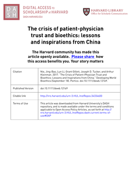 The Crisis of Patient-Physician Trust and Bioethics: Lessons and Inspirations from China