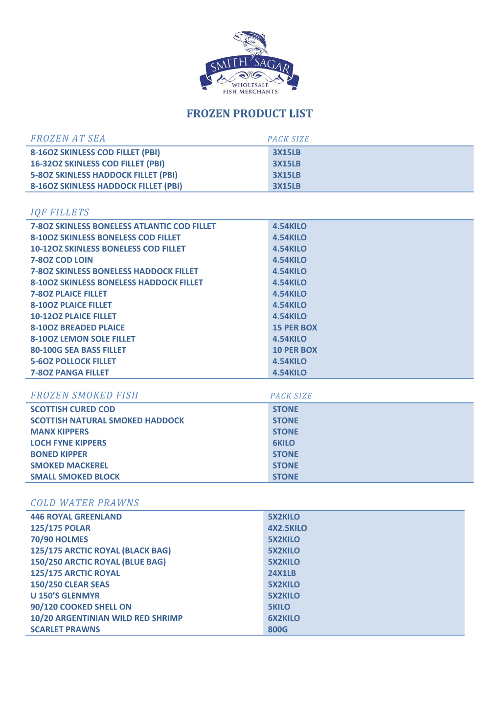 Frozen Product List