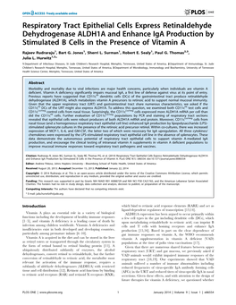 Respiratory Tract Epithelial Cells Express Retinaldehyde Dehydrogenase ALDH1A and Enhance Iga Production by Stimulated B Cells in the Presence of Vitamin A