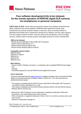 Software Development Kits for PENTAX Digital SLR Cameras