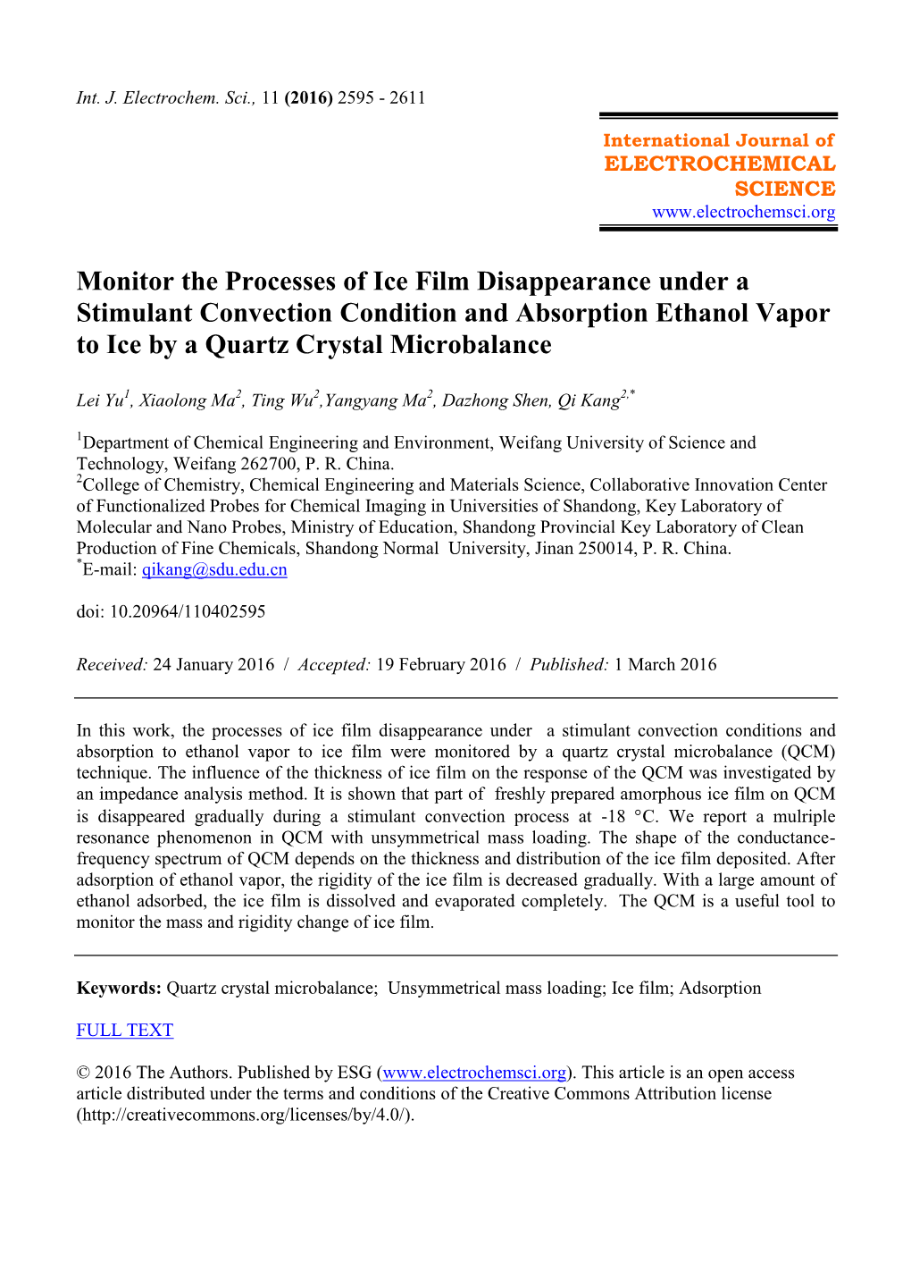 Monitor the Processes of Ice Film Disappearance Under a Stimulant Convection Condition and Absorption Ethanol Vapor to Ice by a Quartz Crystal Microbalance