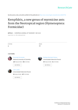 Kempfidris, a New Genus of Myrmicine Ants from the Neotropical Region (Hymenoptera: Formicidae)
